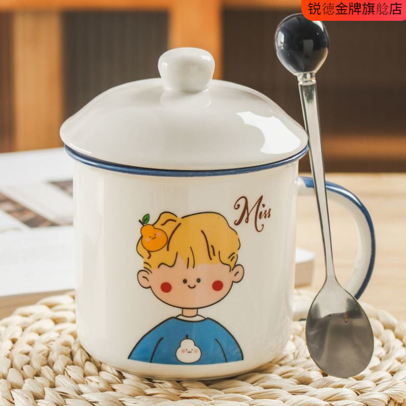 怀旧仿搪瓷杯儿童卡通马克杯防摔刷牙杯子创意水杯可爱带盖子家用