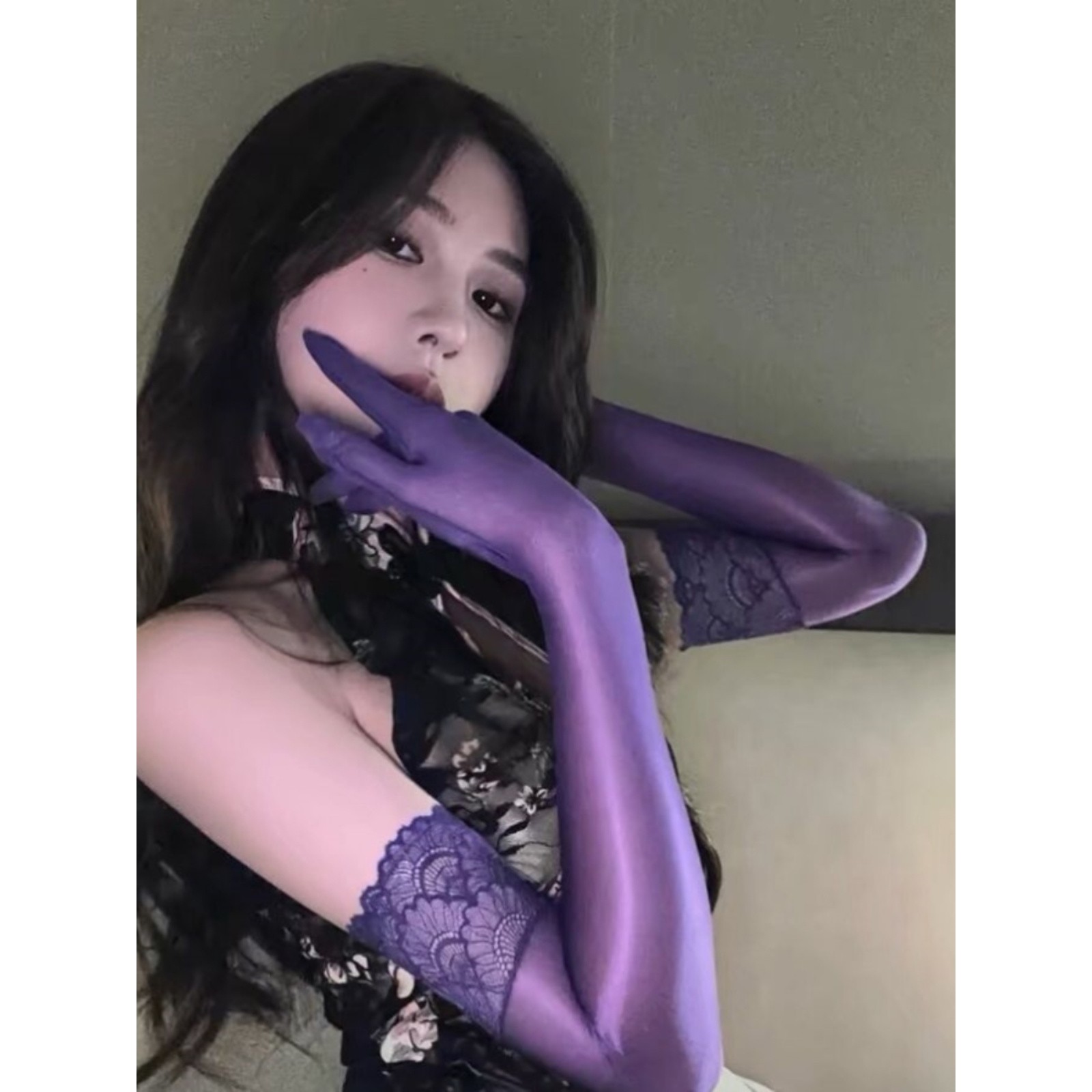 油亮cos蕾丝边女手套丝袜超滑高密黑丝袜性感分指手丝