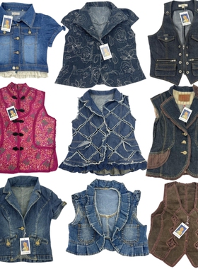 复古牛仔马甲背心Y2K辣妹修身水洗做旧无袖款古着vintage风61外贸
