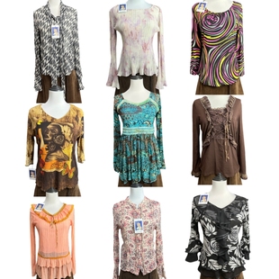 vintage古着12欧美风复古豹纹长袖女网纱Y2K辣妹亚比嬉皮外贸上衣