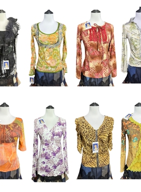 春夏小野古着vintage8海淘美式辣妹Y2K复古豹纹暗黑网纱打底长袖T