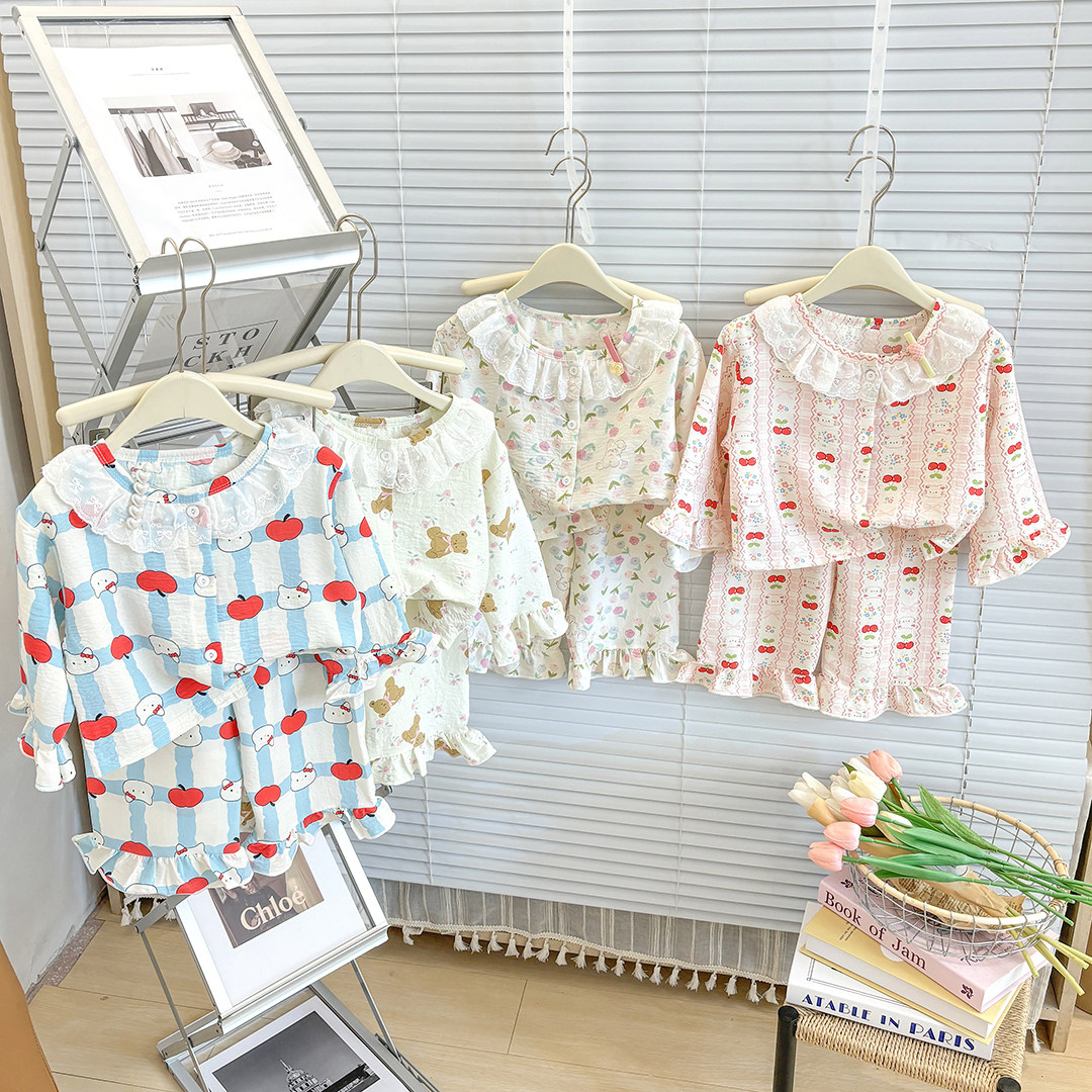 儿童花边家居服套装女宝睡衣睡裤夏季女童家居服休闲套装亲子装
