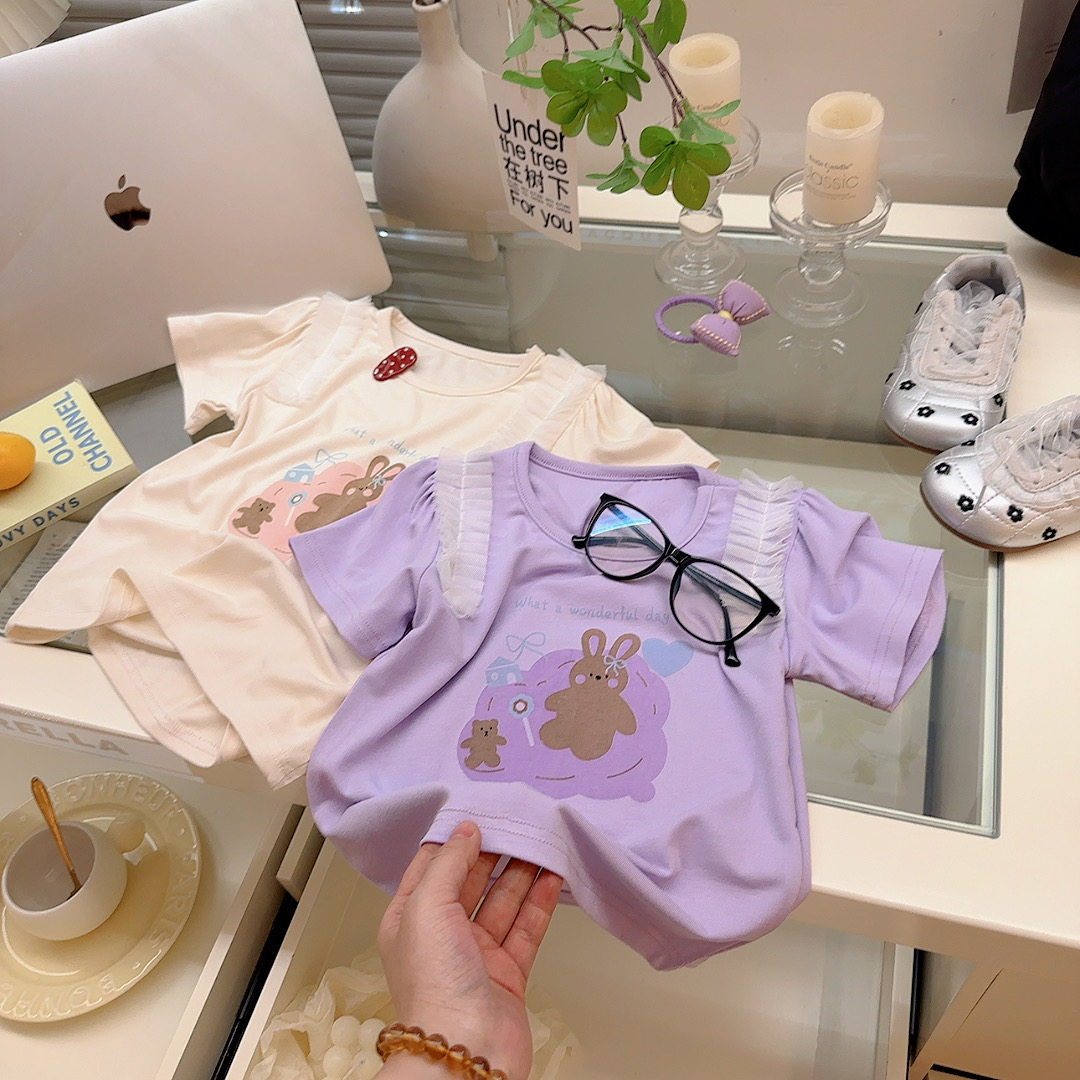 女童短袖T恤夏季薄款上衣打底衫女宝宝莫代尔网纱短袖T恤夏季薄款