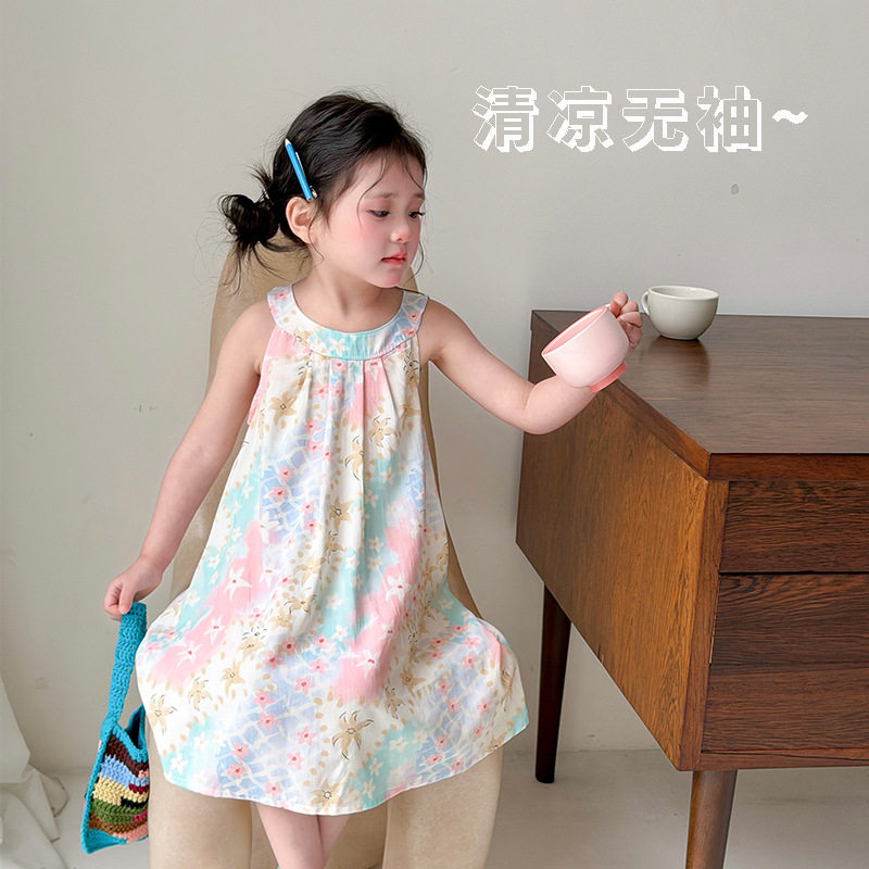 女童连衣裙夏季新款圆领连衣裙亲子装宽松印花无袖蘑菇扣荷叶小裙