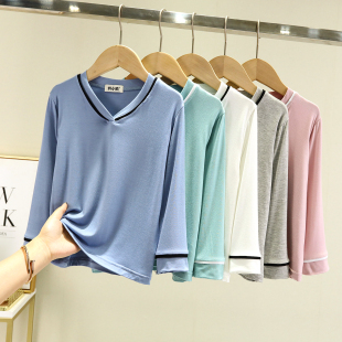 儿童莫代尔睡衣男童女孩V领套头夏薄款春秋中大童空调家居服上衣