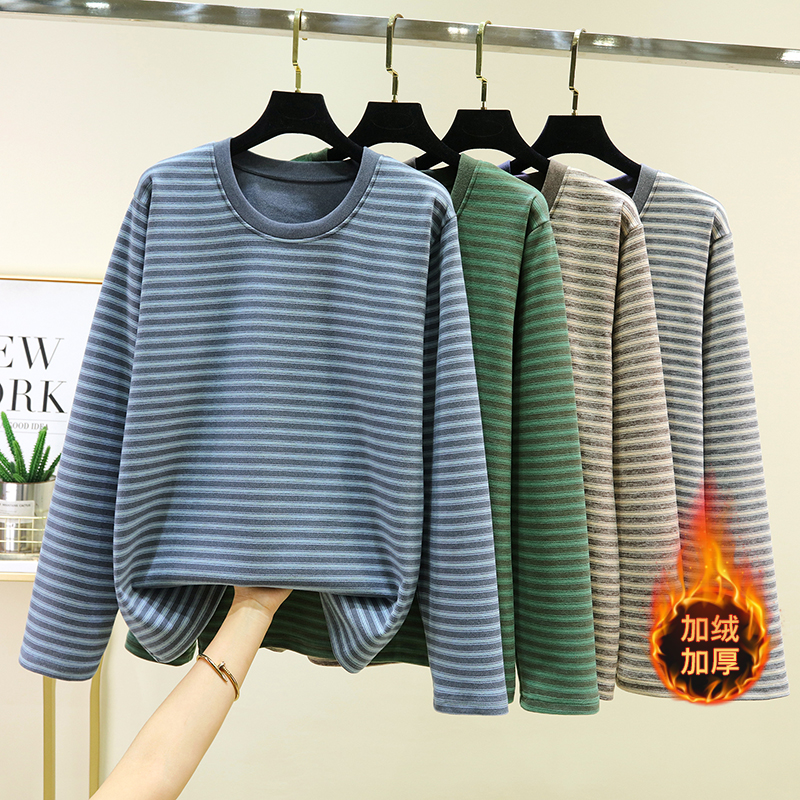 德绒男士条纹打底体恤衫