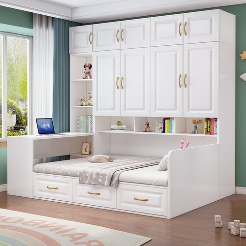 实木儿童房榻榻米床衣柜一体