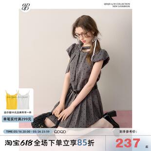 富家千金风灰色波点连衣裙女夏季 QDQD 蝴蝶结设计感甜美收腰短裙