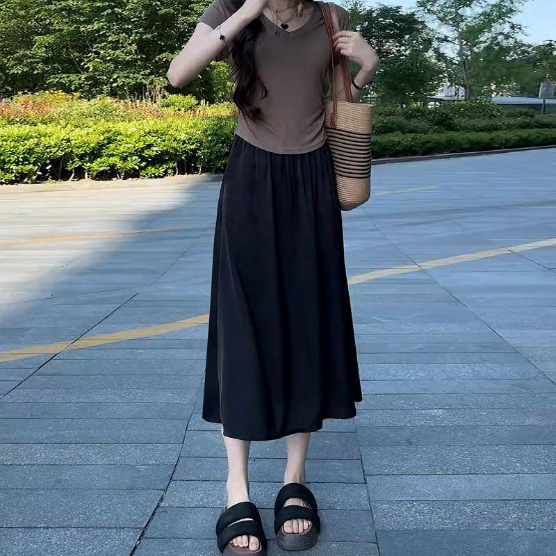 大码垂感时尚开叉A字裙女夏季薄款女装胖mm高腰显瘦松紧腰半身裙
