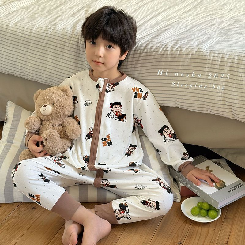春秋100棉a类睡袋男童哪吒敖丙四季连体睡衣防踢被分腿睡宝宝护肚