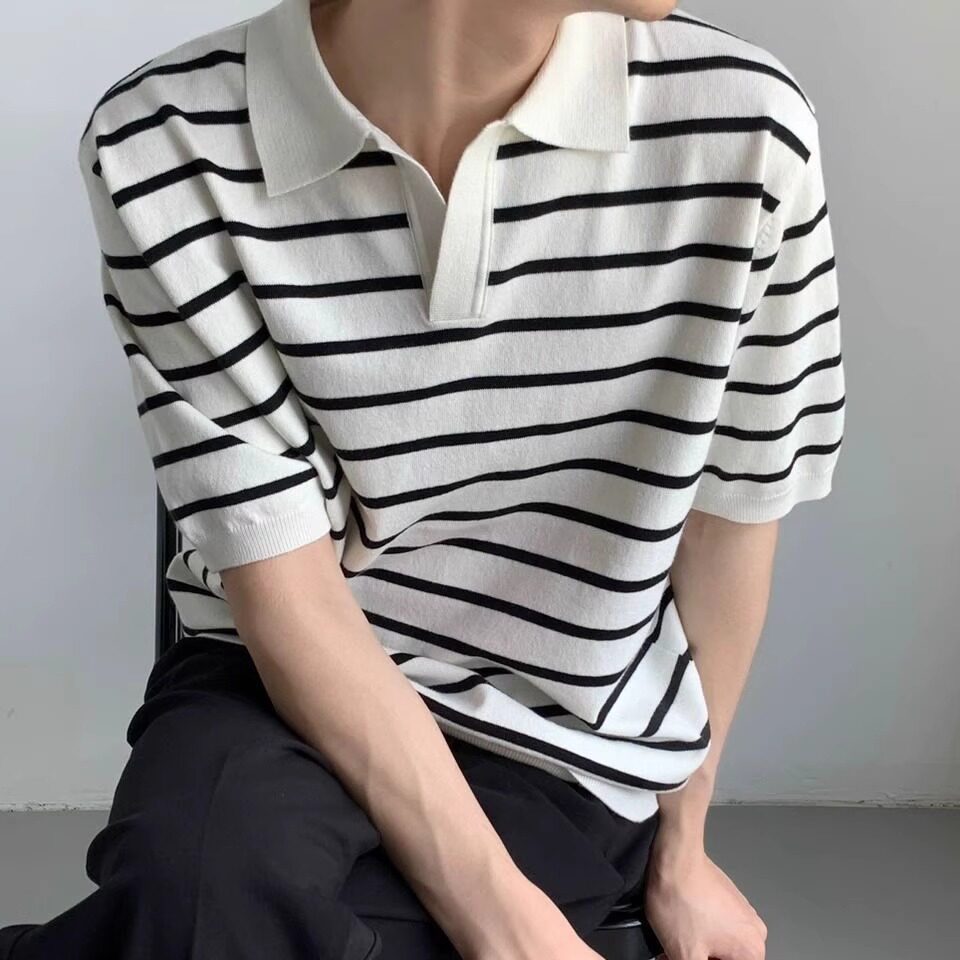 韩风夏季翻领POLO衫条纹针织T恤