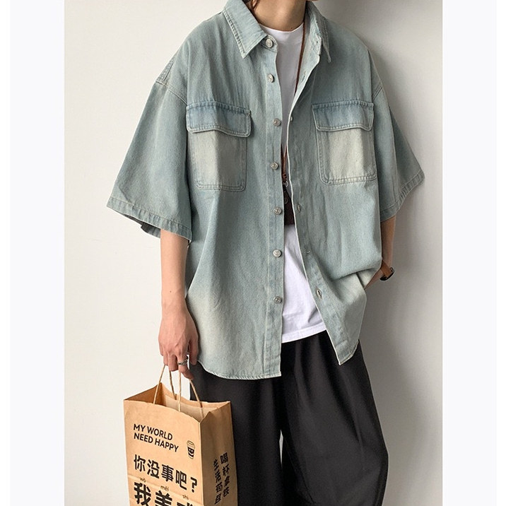 美式复古水洗做旧牛仔衬衫男短袖