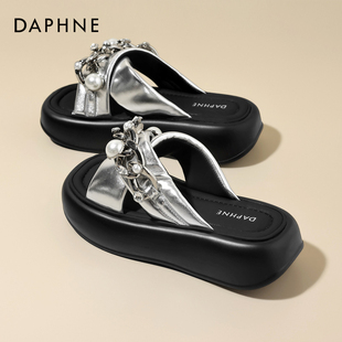 外穿时尚 夏季 厚底增高软底超火绝美凉拖 女2025新款 达芙妮银色拖鞋