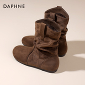 达芙妮勃肯短靴女2025新款 秋冬加绒西部牛仔靴子美拉德平底堆堆靴