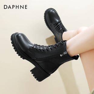 达芙妮马丁靴女款 秋冬加绒粗跟厚底英伦风小个子高跟短靴 2025新款