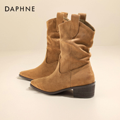 达芙妮高跟短靴女2026新款 春秋单靴西部牛仔靴粗跟尖头显瘦堆堆靴