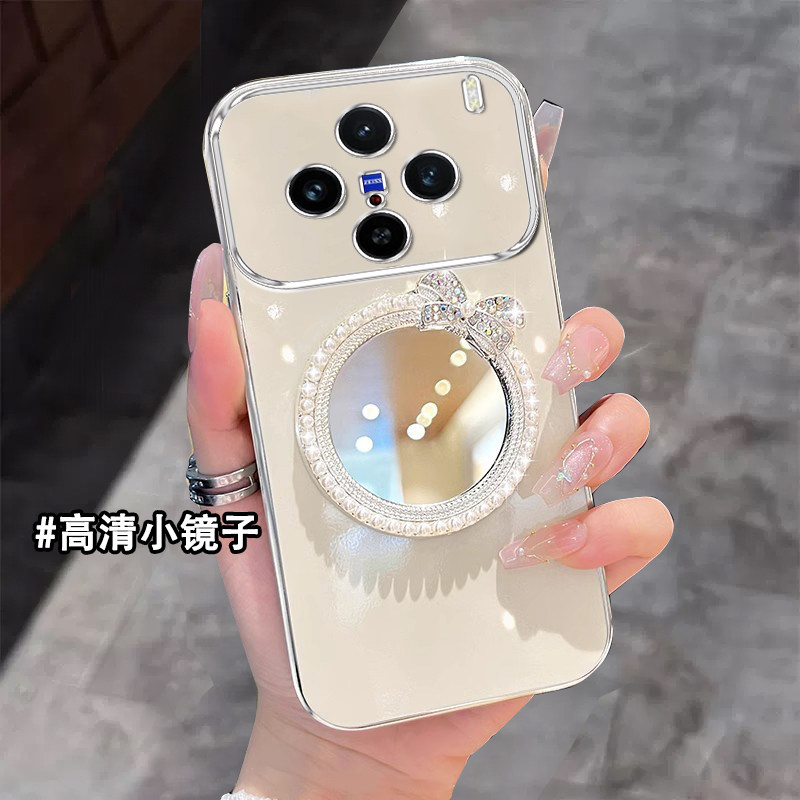 适用vivoX200手机壳简约高档女款x200promini创意镶钻x100pro带镜子保护套x90s曲面屏x80Pro硅胶x70带支架x60