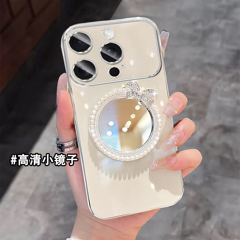 适用苹果16手机壳带镜子iPhone16promax创意网红女款15promax镶钻14ProMax支架13ProMax纯色12电镀11硅胶XSMA