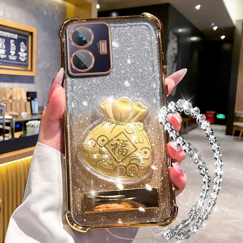 适用于金福袋带支架vivoY77e手机壳新款V2166BA四角气囊y77e自带镜头膜vivi全包防摔保护套丫77简约男女外壳