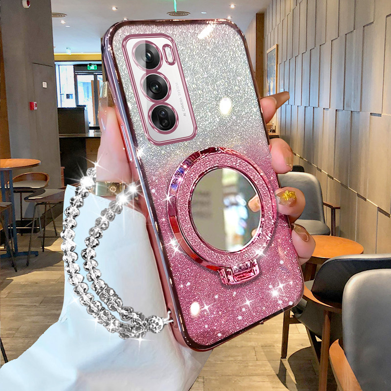 OPPOReno12Pro手机壳网红女款防摔保护套Reno11Pro/10/9/8/7多功能磁吸支架软壳reno6/5/4/3带镜子POPO带挂绳