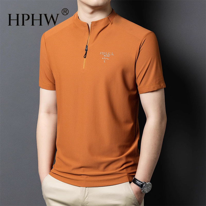 2025半拉链短袖t恤男士夏季薄款冰丝凉感商务休闲立领速干上衣男