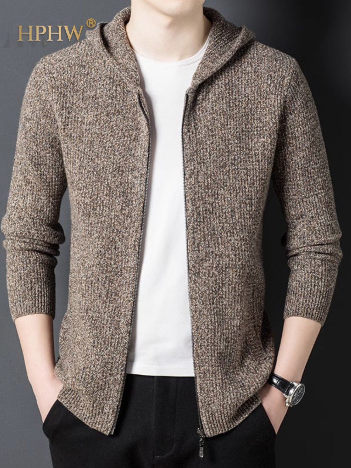 鄂尔多斯市轻奢羊毛连帽衫男开衫秋冬新款口袋拉炼针织衫男装
