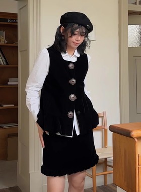 设计师款！丝绒马甲黑色秋冬叠穿NuagesFroufrou 热销款可爱减龄