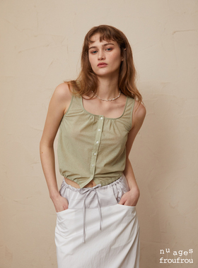 Nuages Froufrou法式浅草绿全棉绑带背心清新文艺春夏新款度假风