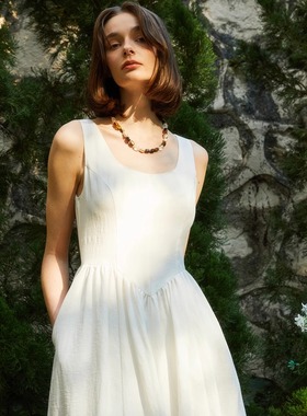 Nuagesfroufrou法式夏日白色吊带连衣裙度假风浪漫小白裙舒适收腰