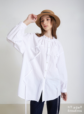 Nuages Froufrou法式白色宽松大衬衫碎褶织带蝴蝶结休闲百搭纯棉