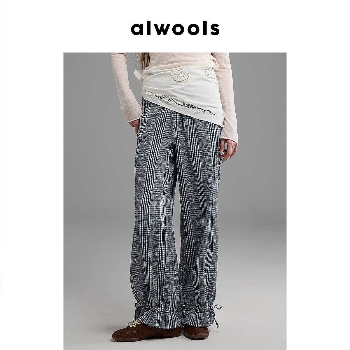 ALWOOLS26春夏复趣味抽绳格纹休闲长裤