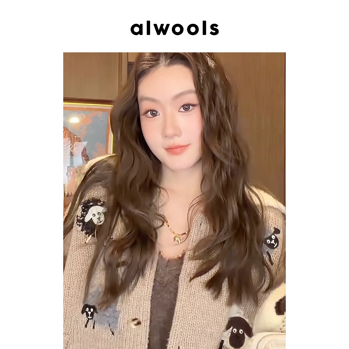 ALWOOLS秋冬新品趣味刺绣小羊毛领针织开衫
