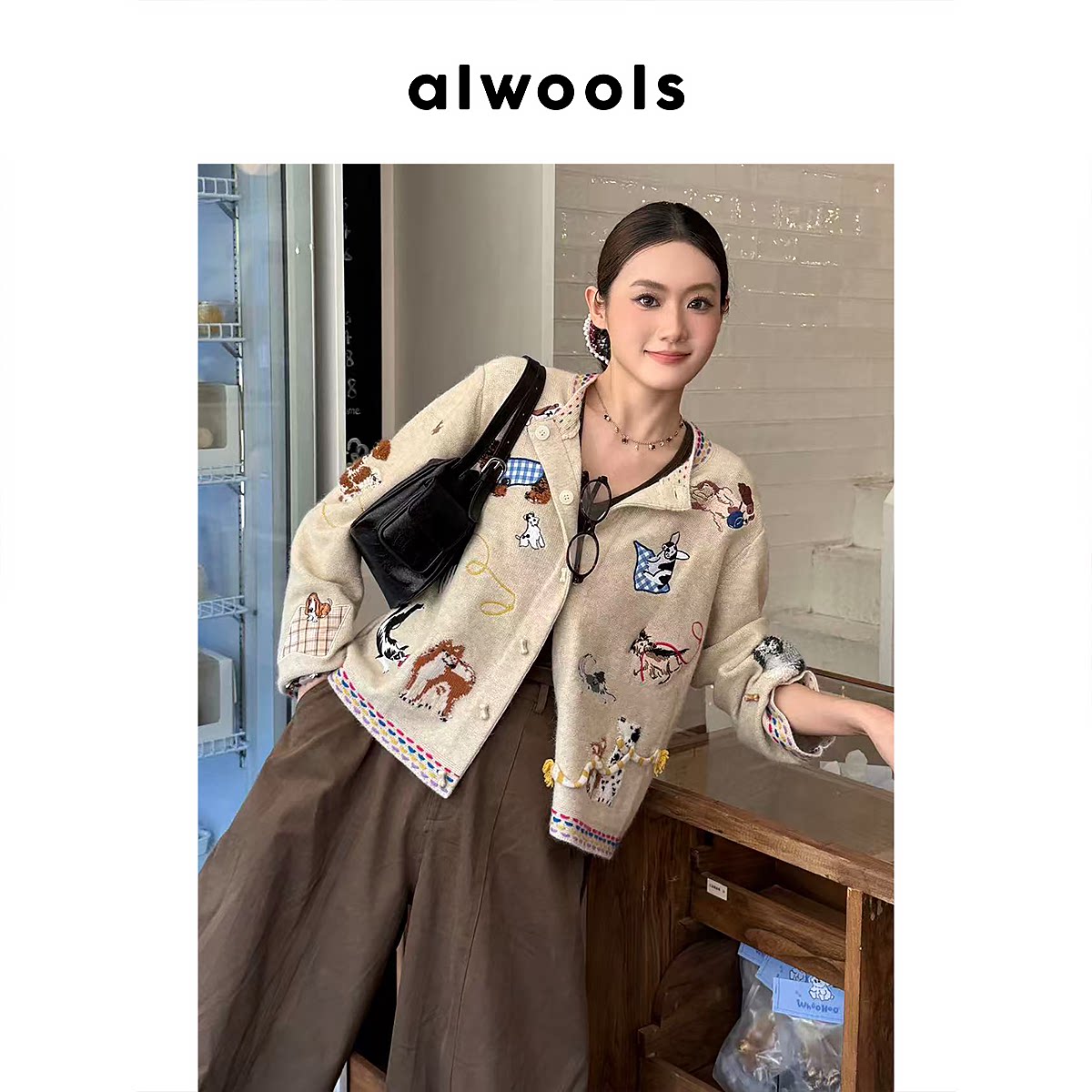 ALWOOLS秋冬新品复古趣味小狗刺绣针织开衫