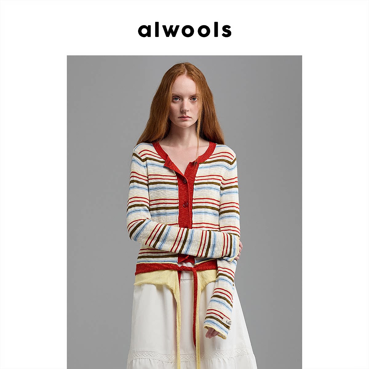 ALWOOLS2026春夏新品复古撞色条纹系带针织开衫