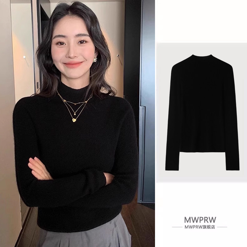 高级感气质黑色半高领针织打底衫女秋冬套头修身毛衣内搭正肩上衣