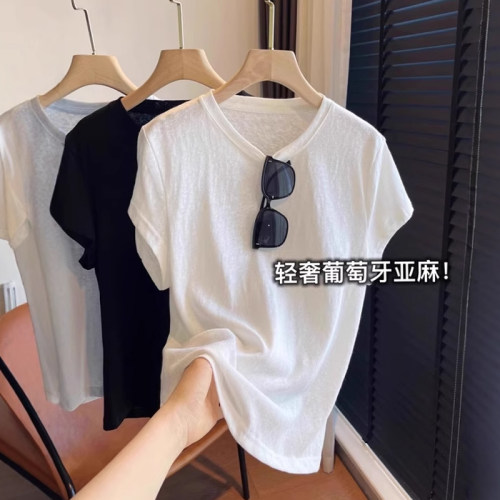 【送运费险】白色亚麻短袖T恤女