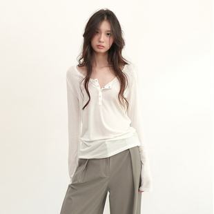 法式亨利领白色长袖T恤女早秋设计感复古上衣修身内搭针织打底衫