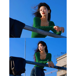 显瘦内搭上衣打底衫 方领修身 女2025早春新款 设计感小众绿色针织衫