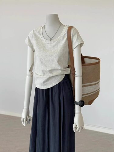 韩版花灰色u领正肩修身短袖T恤女