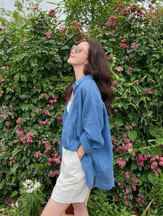 法式蓝色棉麻长袖衬衫女夏季薄款宽松防晒衬衣外套慵懒松弛感上衣