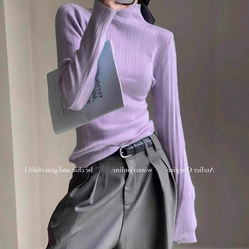 紫色半高领针织打底衫女2025秋冬新款韩系氛围感内搭修身洋气上衣,女装/女士精品,毛针织衫,淘宝优惠券,粉丝福利购,淘宝优惠卷