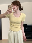 收腰设计感简约U领短袖 奶黄色纯棉T恤女2025新款 修身 夏季 上衣 爆款