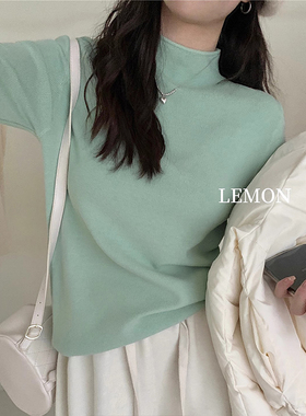 软糯薄荷绿半高领正肩针织衫女秋冬宽松毛衣打底衫洋气设计感上衣