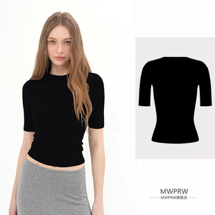 高级感气质黑色修身中袖正肩T恤女秋季百搭显瘦基础圆领半袖上衣