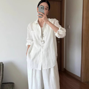 天丝亚麻白色老钱风衬衫女夏季薄款正肩宽松休闲棉麻防晒衬衣外套