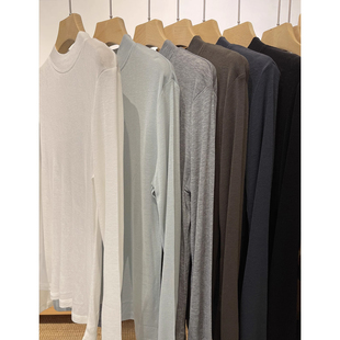 天丝羊毛面膜T恤女早秋装薄款长袖正肩上衣白色内搭半高领打底衫