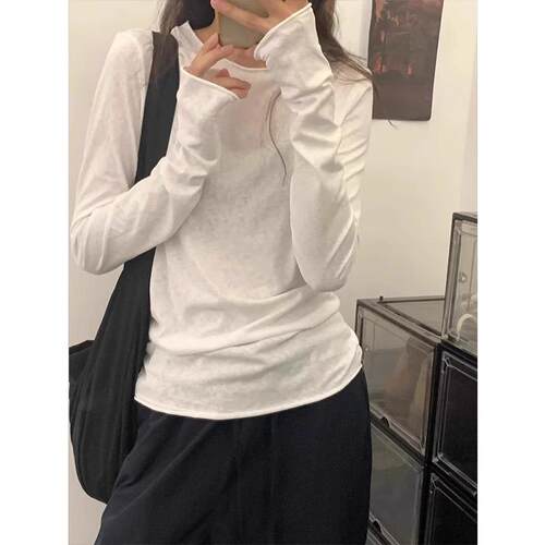 【送运费险】卷边白色长袖T恤女