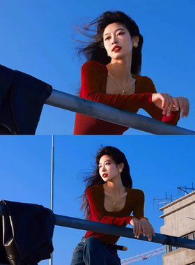 ins港风复古红色针织T恤女早秋新款方领修身显瘦内搭打底长袖上衣