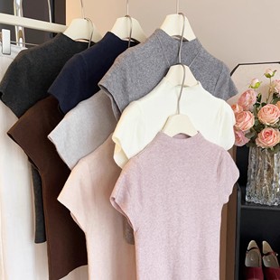 超好看花粉色半高领针织衫正肩短袖女早秋薄款修身小飞袖t恤上衣