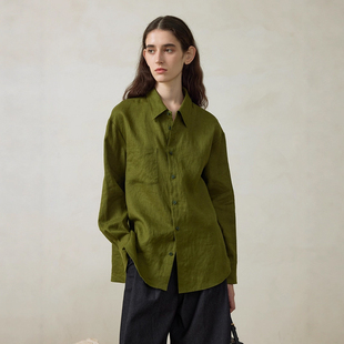 松石绿亚麻衬衫女秋季高级感轻奢宽松长袖polo领上衣内搭外穿衬衣
